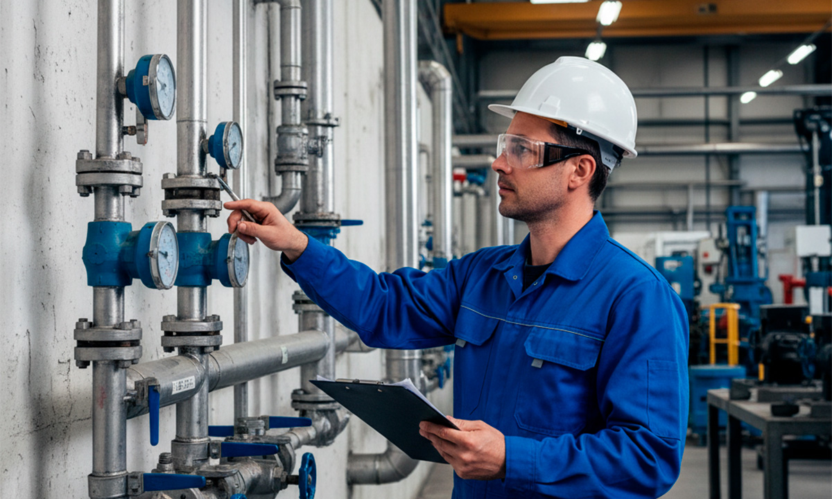 Técnico revisando válvulas en red de gases industriales