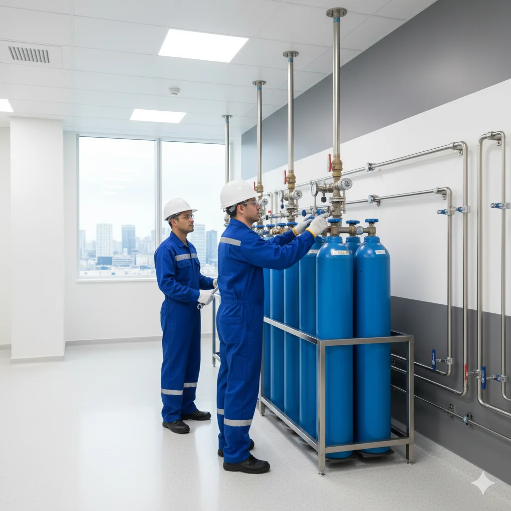 Personal técnico instalando tanques de oxígeno en hospital