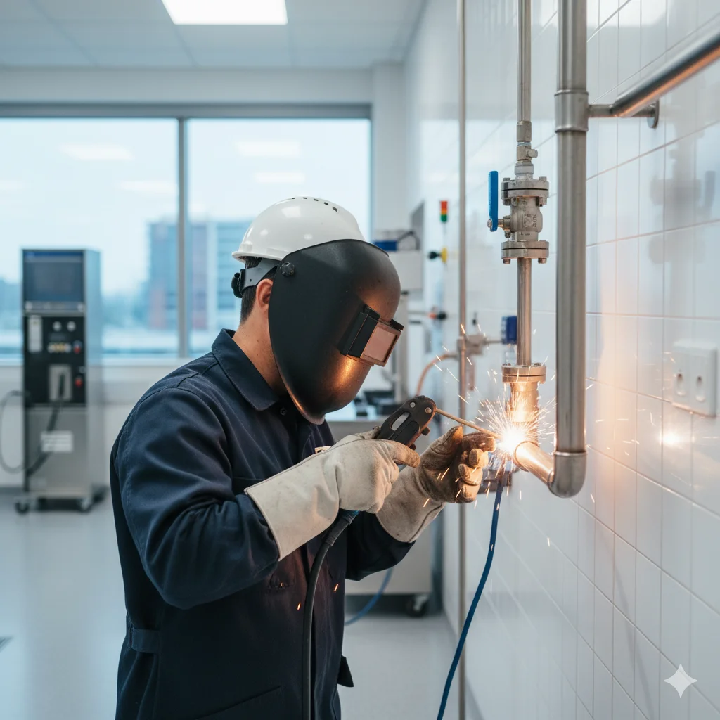 Técnico instalando tuberías de gas en laboratorio