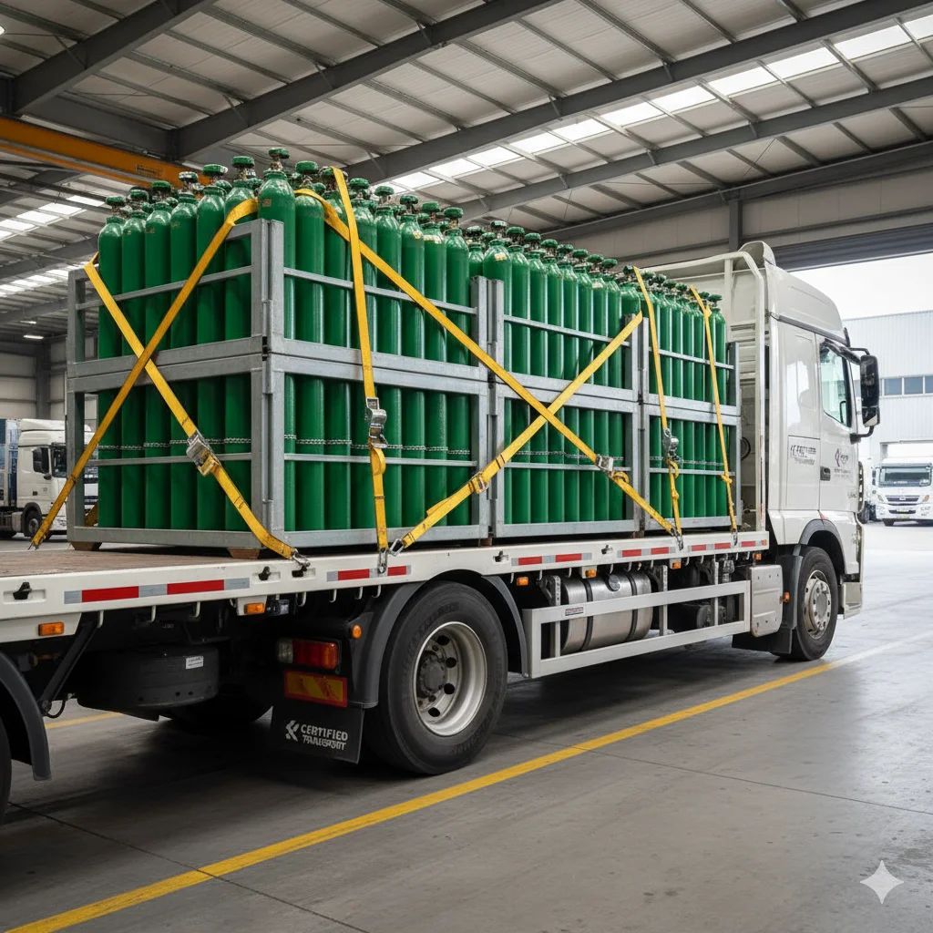 Camión especializado en transporte de cilindros de gas con medidas de seguridad
