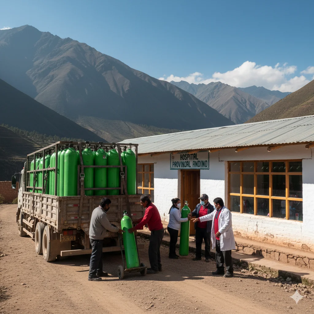 Personal recibiendo cilindros de oxígeno en hospital rural