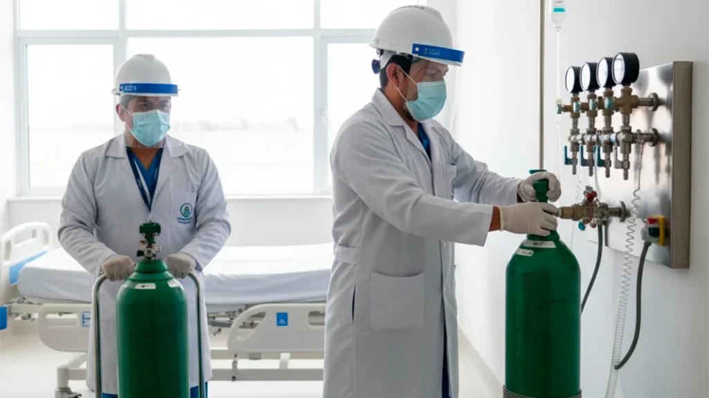 Personal de salud realizando programa de recambio de cilindros de oxígeno en hospital