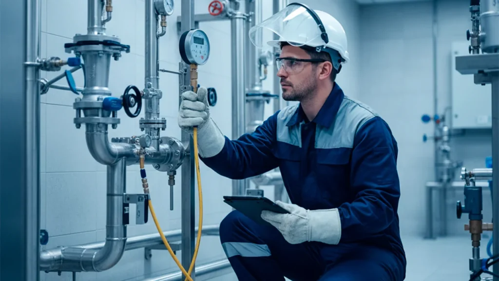 Técnico aplicando prueba de presión en sistemas de detección de fugas